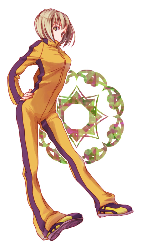 bruce_lee's_jumpsuit, bruce_lee's_jumpsuit, green_eyes, huang_baoling, sai-sai, shoes, short_hair, sneakers