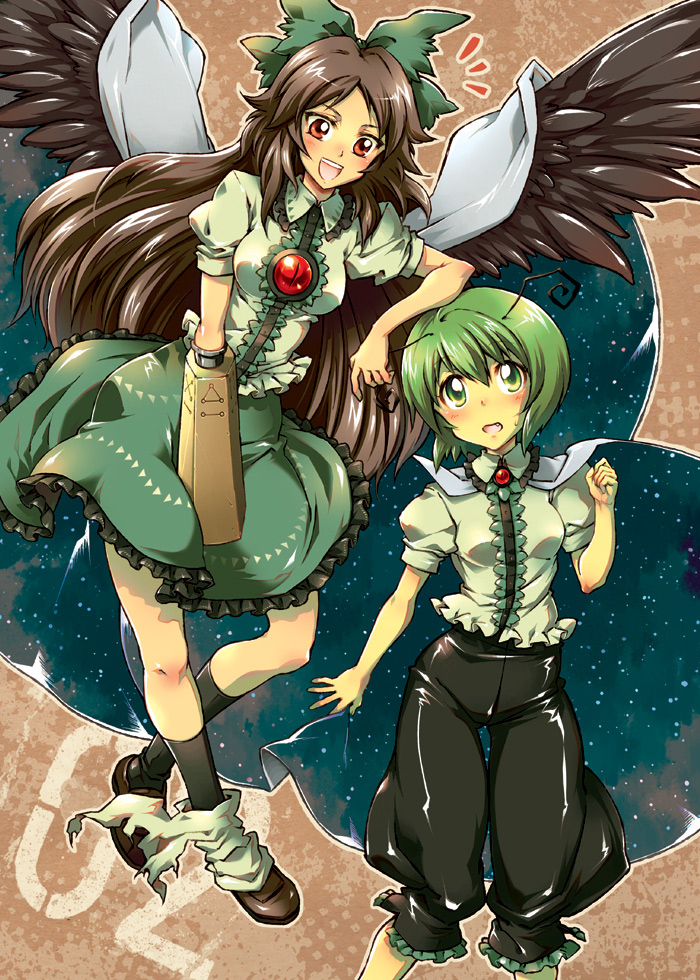 :d, adapted_costume, antennae, arai_kuma, arm_cannon, black_hair, black_wings, blush