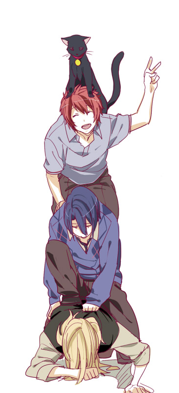 blonde_hair, blue_hair, cat, hijirikawa_masato, human_pyramid, human_tower, ittoki_otoya, jinguuji_ren, long_hair, multiple_boys, necktie, open_mouth, red_hair, redhead, school_uniform, short_hair, shuri_(84k), stacking, uta_no_prince-sama, v