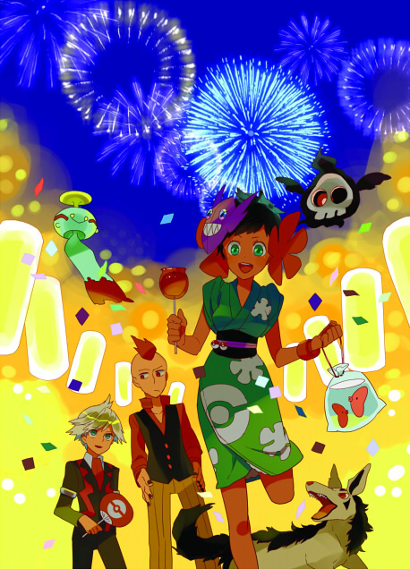 1girl, 2boys, bad_id, chimecho, confetti, duskull, elite_four, fireworks