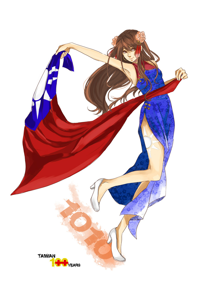 alternate_costume, armpits, axis_powers_hetalia, brown_eyes, brown_hair, china_dress, chinese_clothes, earrings, fingernails, flag, floral_print, flower, hair_flower, hair_ornament, high_heels, jewelry, long_hair, nail_polish, no_socks, republic_of_china_flag, roc_flag, shoes, side_slit, simple_background, sleeveless, slit, smile, solo, standing, standing_on_one_leg, sun_(symbol), sunburst, taiwan_(hetalia), tattoo, white_background