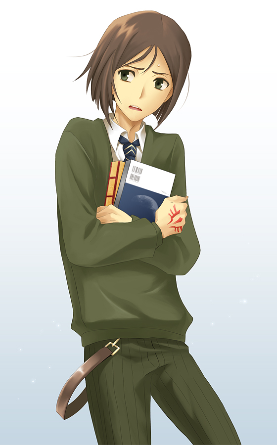 bad_id, bob_cut, book, brown_hair, command_spell, fate/stay_night, fate/zero, fate_(series), green_eyes, male, necktie, solo, temperingmh, waver_velvet, yaya_(tempering)