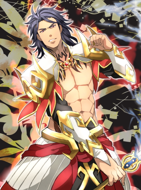 armor, black_hair, gaias, jewelry, male, midriff, muscle, red_eyes, sneer, solo, su_(113232), tales_of_(series), tales_of_xillia, tattoo