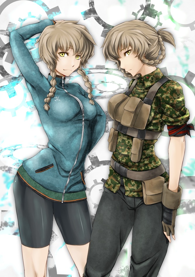 bike_shorts, braid, brown_hair, camouflage, dual_persona, fingerless_gloves, gloves, jacket