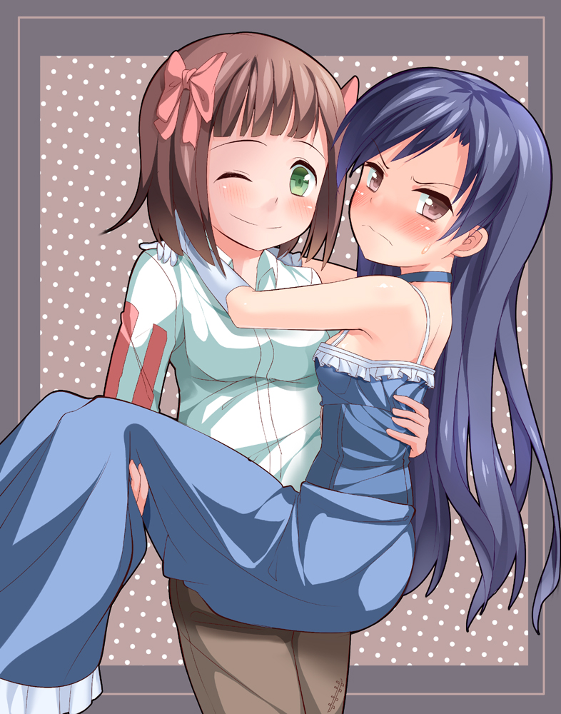 amami_haruka, bare_shoulders, blue_hair, blush, brown_eyes, brown_hair, carrying, choker