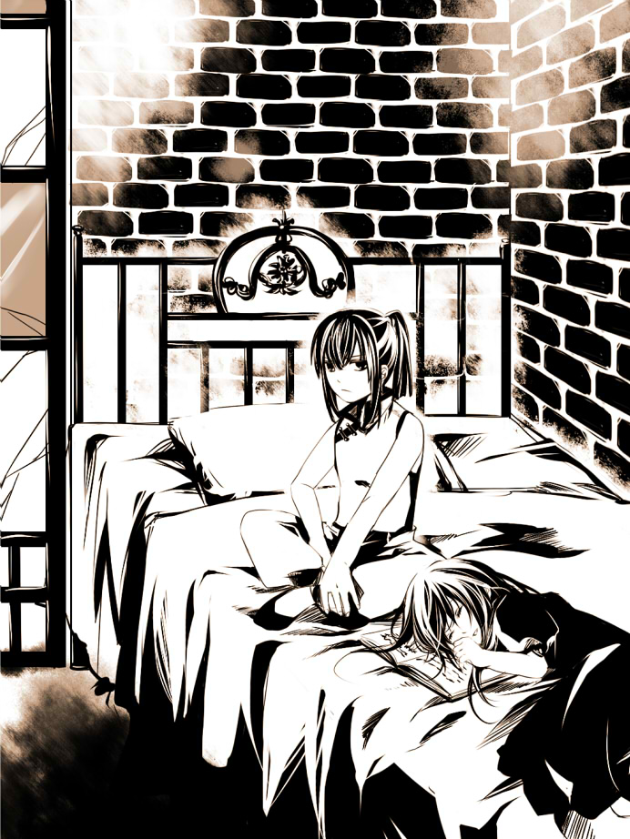 bed, black_dress, black_hair, blanket, blmap, book, chinese_clothes, closed_eyes