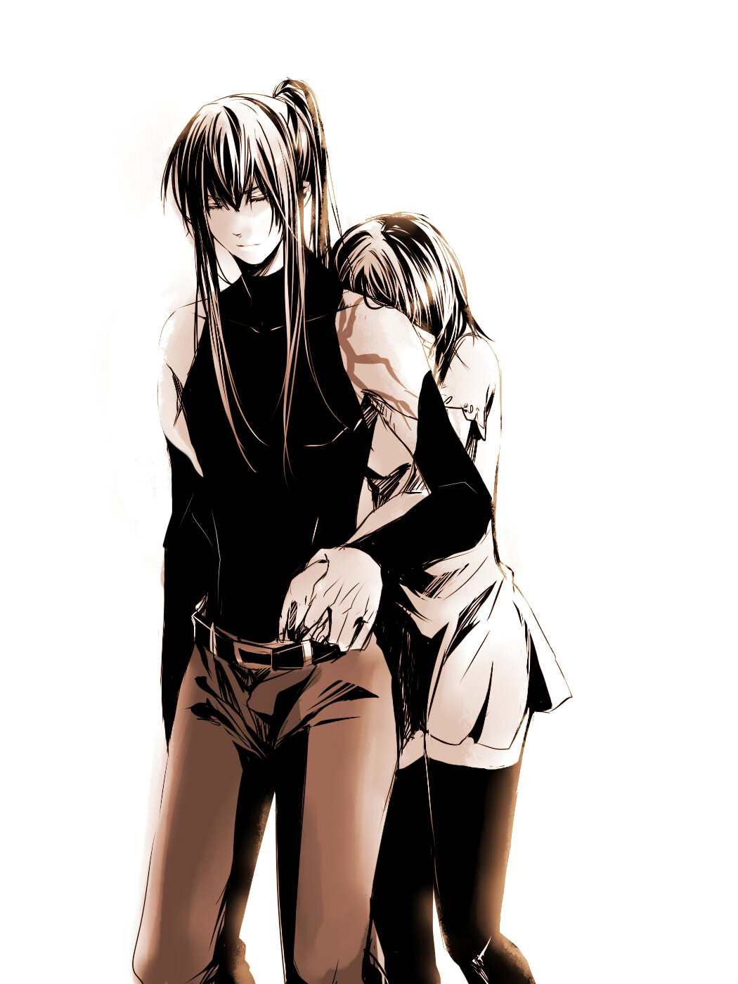 1girl, bare_shoulders, belt, black_hair, black_legwear, blmap, closed_eyes, couple