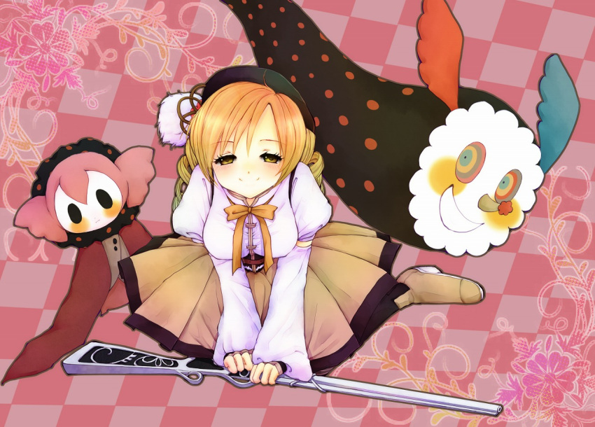 blonde_hair, boots, charlotte_(madoka_magica), checkered, checkered_background, corset, creature, detached_sleeves