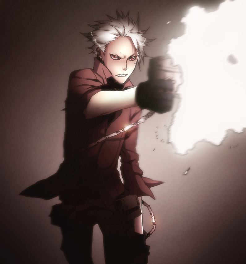 blurry, chain, chains, clenched_teeth, colored, depth_of_field, dogs:_bullets_&amp;_carnage, earrings