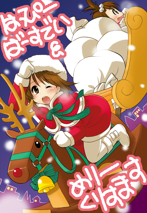 brown_hair, christmas, fur_hat, futami_ami, gloves, hagiwara_yukiho, hat, idolmaster