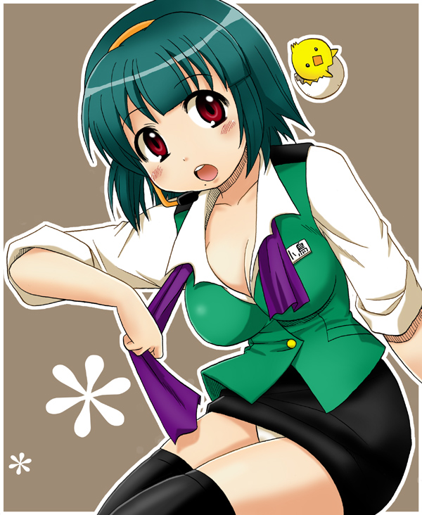 bird, breasts, chick, cleavage, egg, green_hair, headset, idolmaster, kotobuki_maimu, otonashi_kotori, panties, pantyshot, red_eyes, short_hair, thigh-highs, thighhighs, underwear, untied, untying, zettai_ryouiki