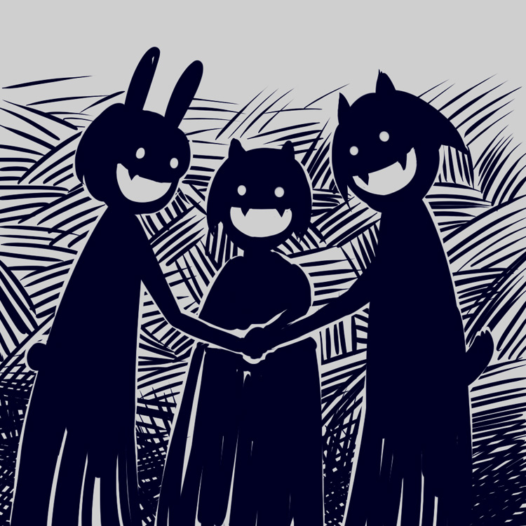 3girls, miyafuji_yoshika, mukiki, multiple_girls, sakomizu_haruka, shimohara_sadako, silhouette_demon, strike_witches