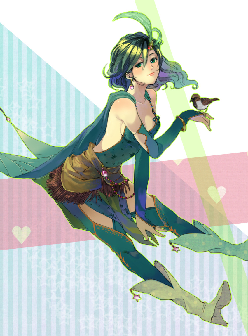 1girl, bird, book, boots, bracelet, breasts, bridal_gauntlets, cleavage, collarbone, earrings, feathers, final_fantasy, final_fantasy_iv, green_eyes, green_hair, hair_ornament, halu-ca, highres, jewelry, leaning_forward, lips, long_hair, rydia, smile, solo, sparrow, wind