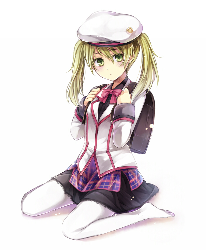alternate_costume, alternate_hairstyle, backpack, bag, beret, blazer, blonde_hair, bowtie