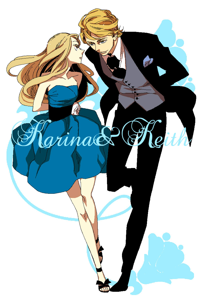 1girl, arms_behind_back, bare_shoulders, blonde_hair, blue_dress, blue_eyes, brown_eyes, couple