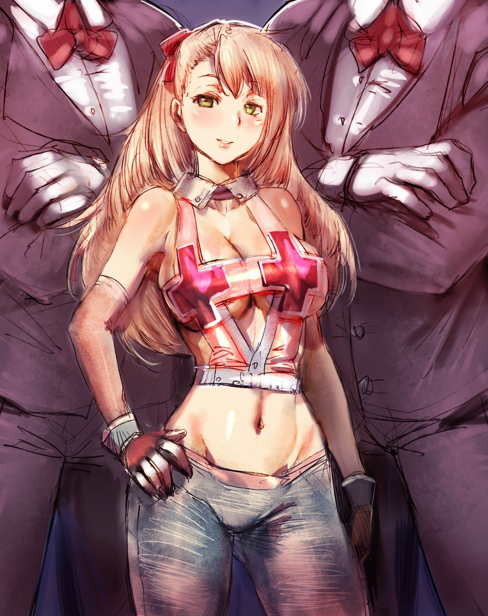 blush, bow, bow_(artist), bow_(bhp), bowtie, breasts, cleavage, crop_top