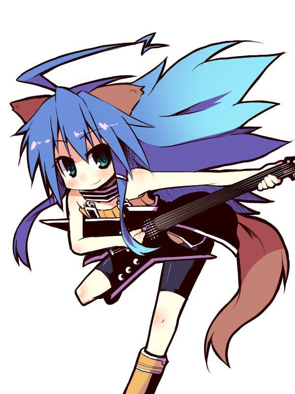 amagi_nanateru, animal_ears, bare_shoulders, bike_shorts, blue_eyes, blue_hair, gradient_hair, guitar