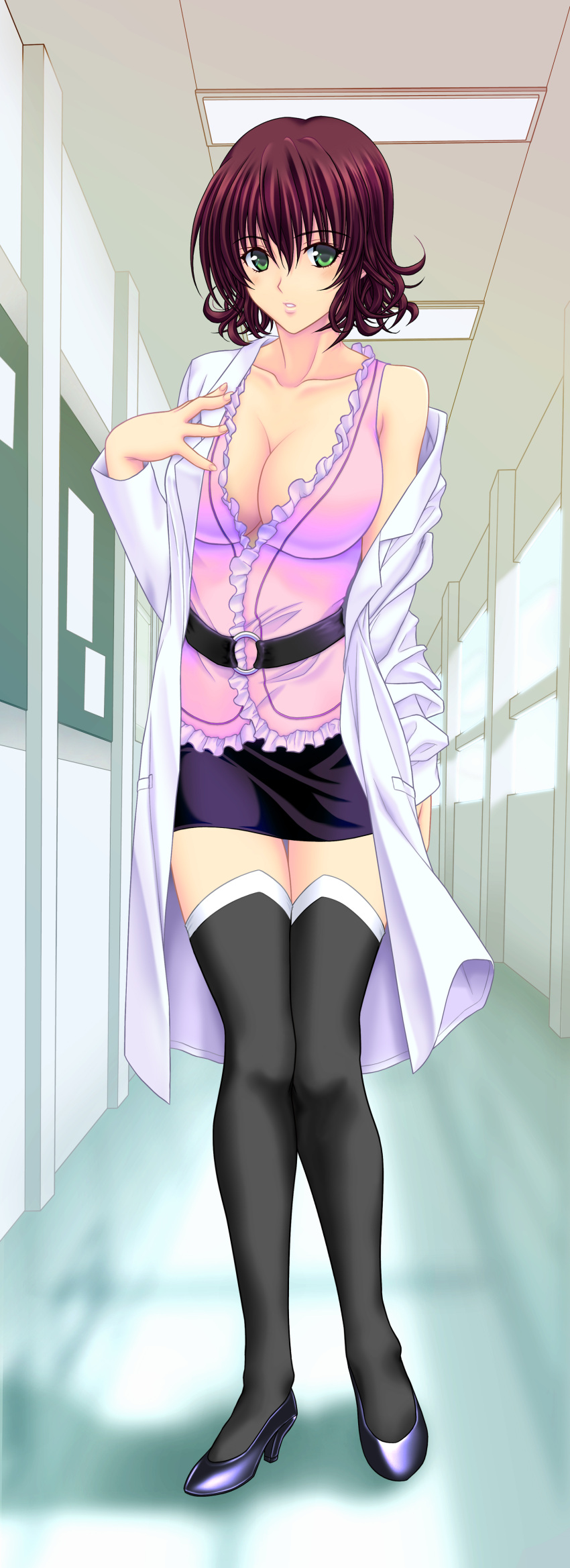 belt, blouse, breasts, brown_hair, cleavage, clipboard, frills, green_eyes