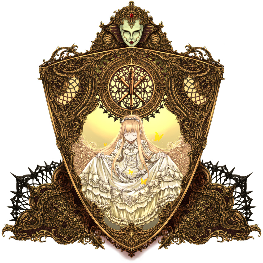 absurdres, blonde_hair, bow, butterfly, closed_eyes, curtsey, dress, eyes_closed