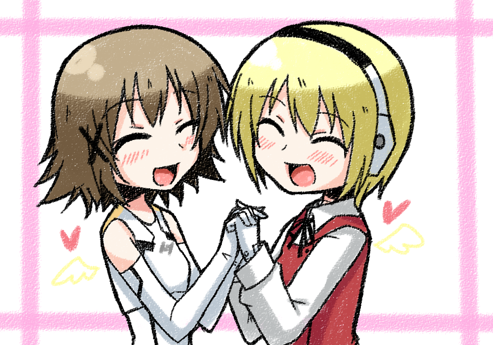 arnval, arnval_(cosplay), asumi_kana, bad_id, blonde_hair, brown_hair, busou_shinki, closed_eyes