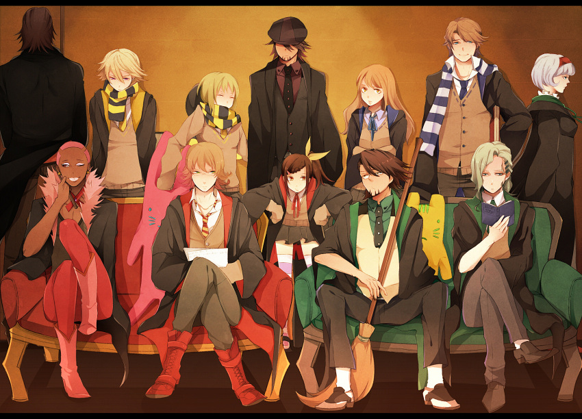 6+boys, age_difference, antonio_lopez, bad_id, barnaby_brooks_jr, blonde_hair, blue_eyes, bob_cut, book, boots, bow, braid, broom, brown_eyes, brown_hair, cis_(tiger_&amp;_bunny), crossed_legs, crossover, dark_skin, earrings, ebitetsu, everyone, facial_hair, father_and_daughter, glasses, green_eyes, grey_hair, hair_bow, hair_ornament, hairband, hairclip, harry_potter, hat_over_eyes, highres, huang_baoling, ivan_karelin, jewelry, kaburagi_kaede, kaburagi_t_kotetsu, karina_lyle, keith_goodman, legs_crossed, long_hair, male, multiple_boys, multiple_girls, nathan_seymour, necktie, parody, pink_eyes, pink_hair, pleated_skirt, ponytail, robe, scarf, short_hair, side_ponytail, sitting, skirt, striped, striped_legwear, stubble, stuffed_animal, stuffed_bunny, stuffed_toy, thigh-highs, thighhighs, tiger_&amp;_bunny, vest, waistcoat, white_hair, yuri_petrov, yuube_(storyteller0), zettai_ryouiki
