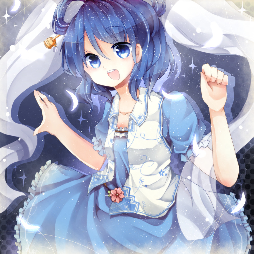 1girl, arms_up, belt, blue_dress, blue_eyes, blue_hair, dress, flower