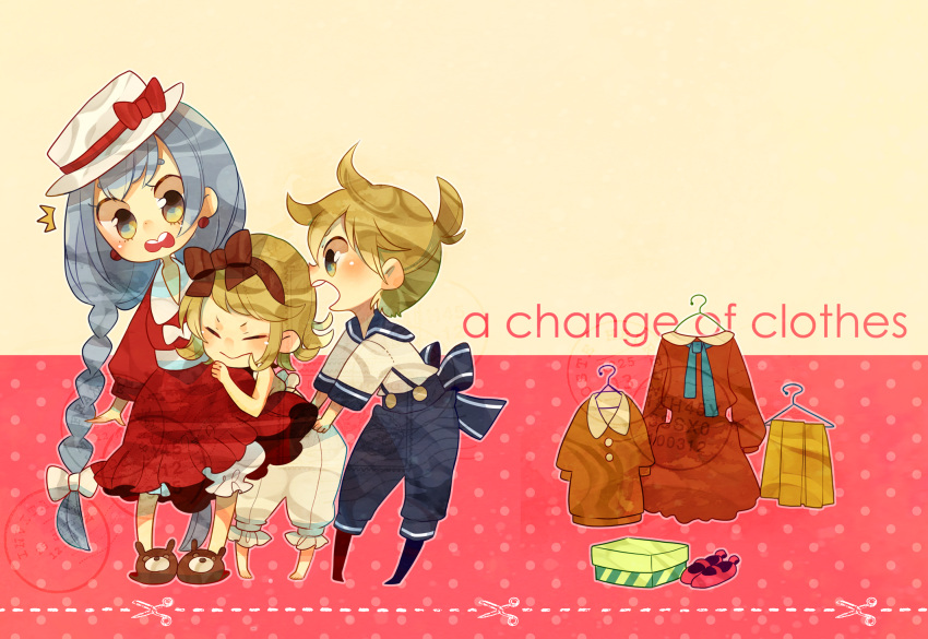 artist_request, blonde_hair, blue_hair, bow, braid, dress, earrings, hairband