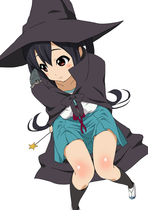 black_hair, blush, cape, cosplay, foreshortening, from_above, hat, k-on!