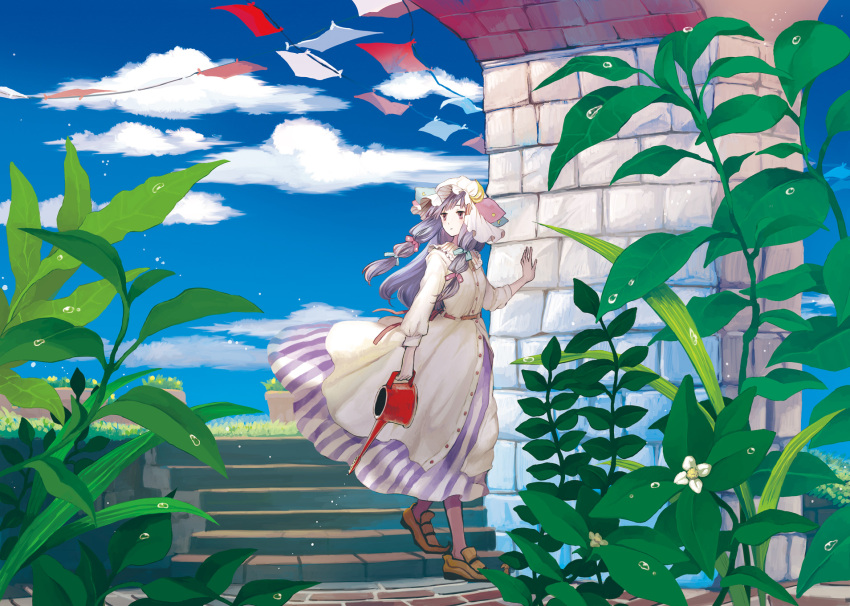 cloud, crescent, dew, dress, flag, flower, hat, highres