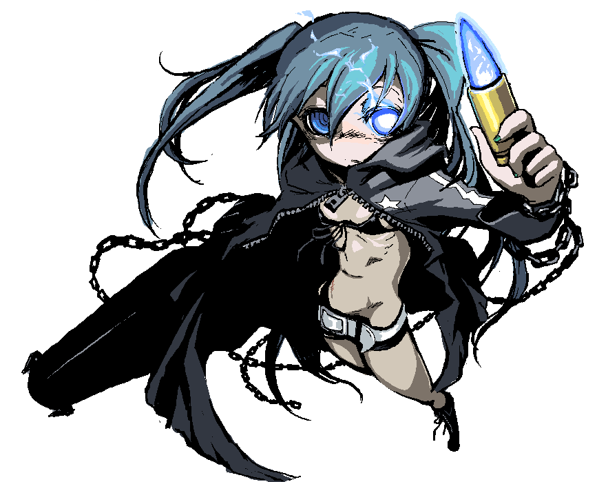 belt, bikini_top, black_rock_shooter, black_rock_shooter_(character), blue_eyes, blue_hair, bullet, chain