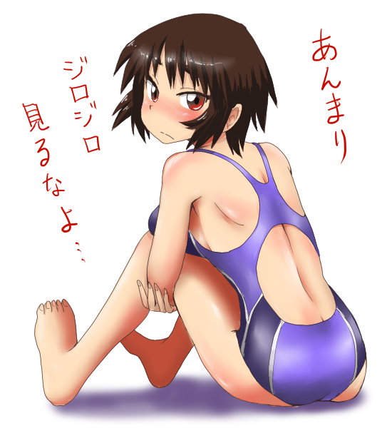 azumanga_daioh, barefoot, brown_eyes, brown_hair, competition_swimsuit, kagura, looking_back, one-piece_swimsuit