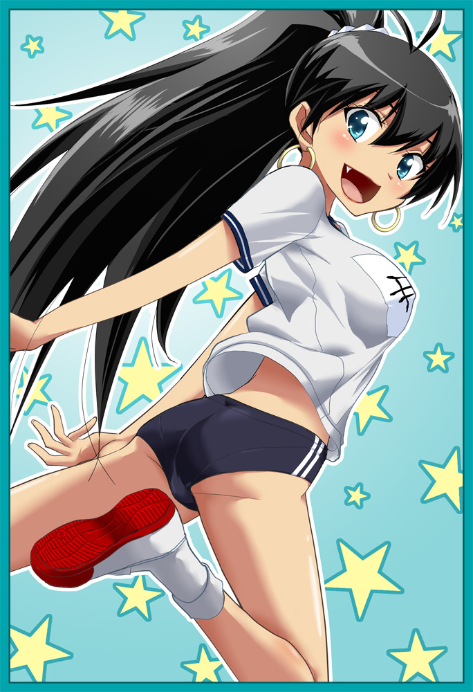 black_hair, blue_eyes, buruma, fang, ganaha_hibiki, gym_uniform, idolmaster, long_hair