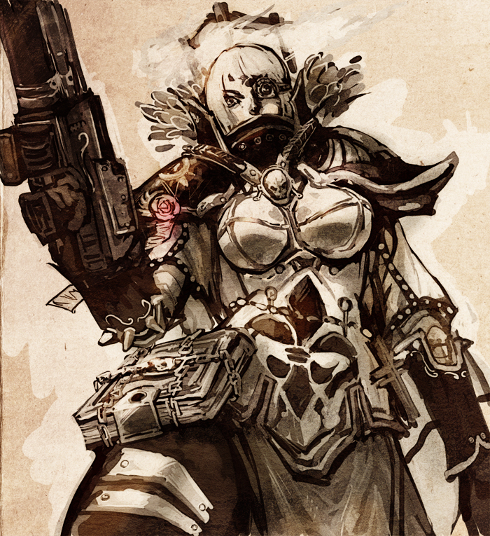 armor, bolter, book, chain, feathers, fleur_de_lis, gun, juo