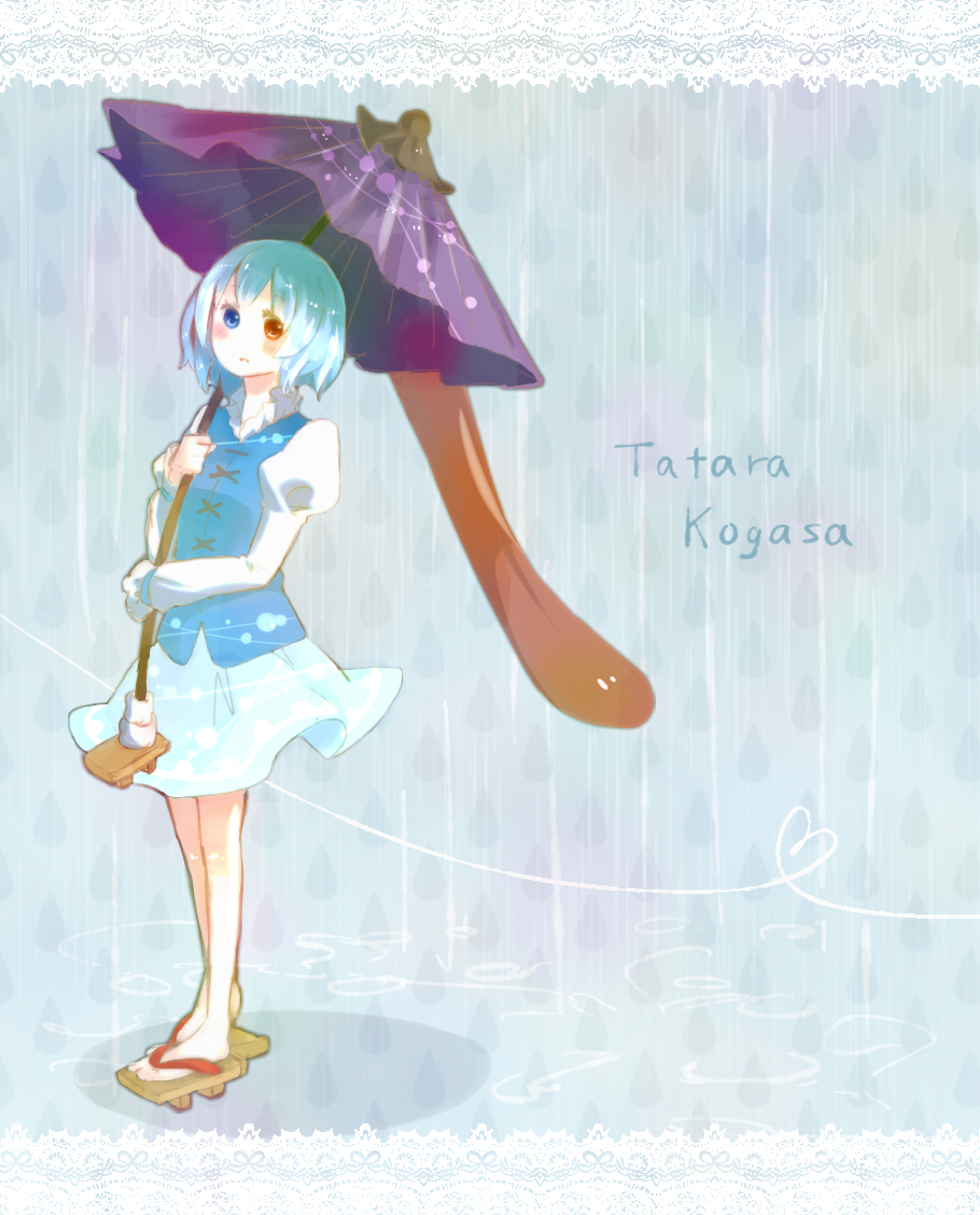 817nono, blue_eyes, blue_hair, blush, heart, heterochromia, karakasa_obake, rain