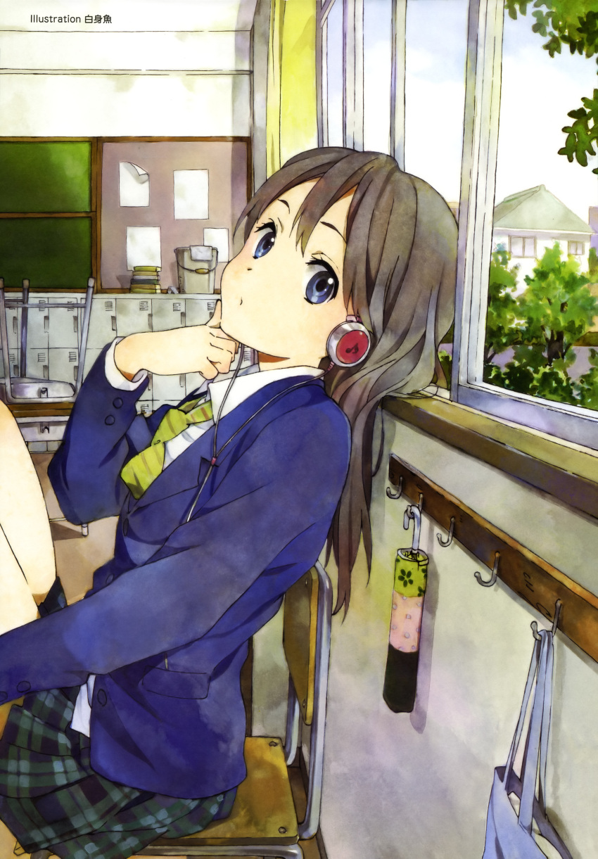 ascot, bag, blazer, blue_eyes, brown_hair, bucket, chair, classroom