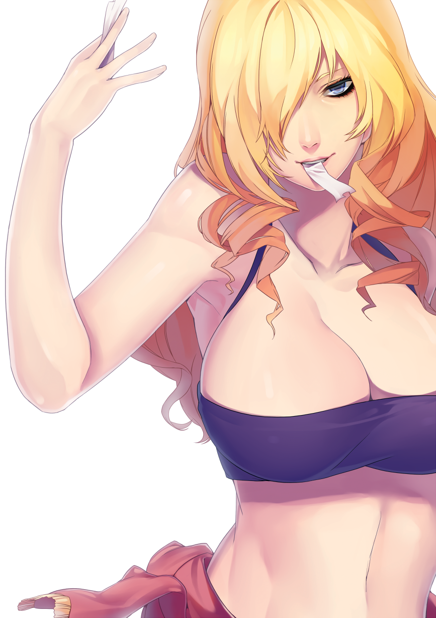 blue_eyes, breasts, cleavage, drill_hair, highres, jacket, jacket_around_waist, large_breasts