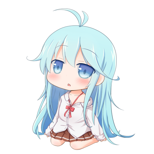 ahoge, antenna_hair, barefoot, blue_eyes, blue_hair, blush, chibi, collarbone, denpa_onna_to_seishun_otoko, kneeling, long_hair, mokana_natsumi, off_shoulder, open_clothes, open_mouth, ribbon, simple_background, sitting, skirt, solo, touwa_erio, transparent_background, very_long_hair, white_background
