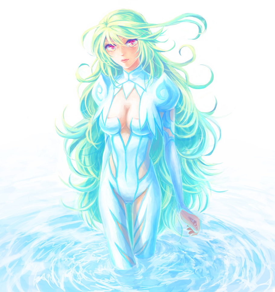 alternate_hair_color, bad_id, bodysuit, breasts, cleavage, green_hair, liduke, lottalove
