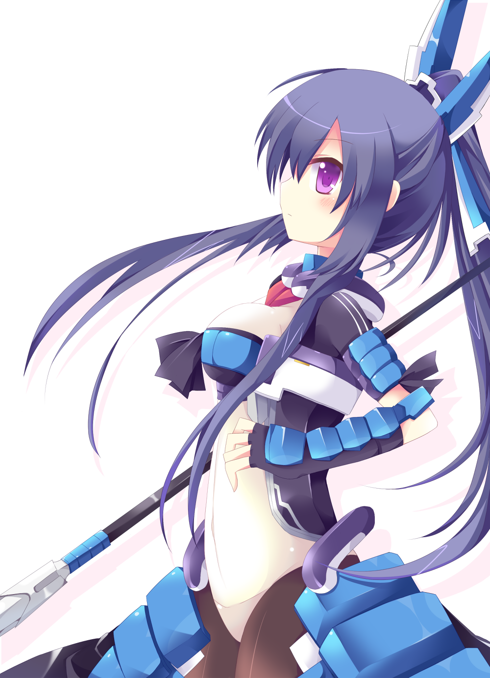 armor, black_hair, blush, breasts, brown_legwear, fingerless_gloves, gloves, highres