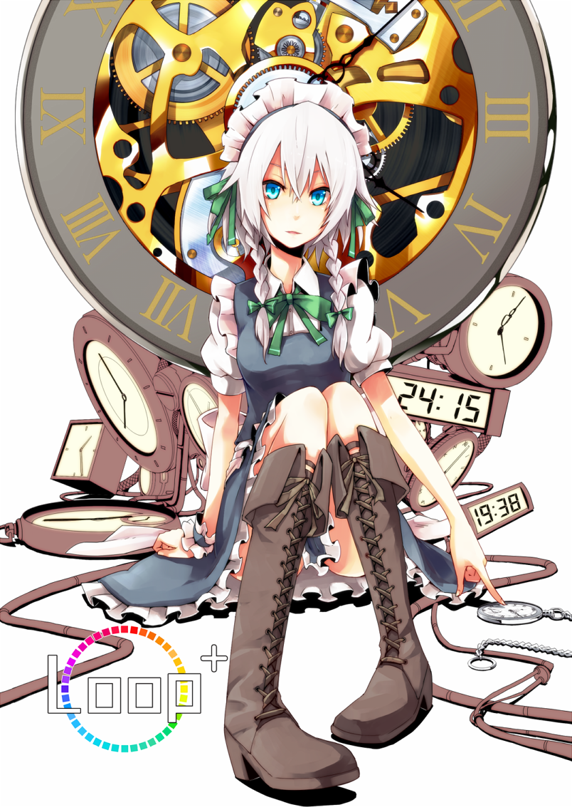 blue_eyes, boots, bow, braid, cable, clock, clockwork, gears