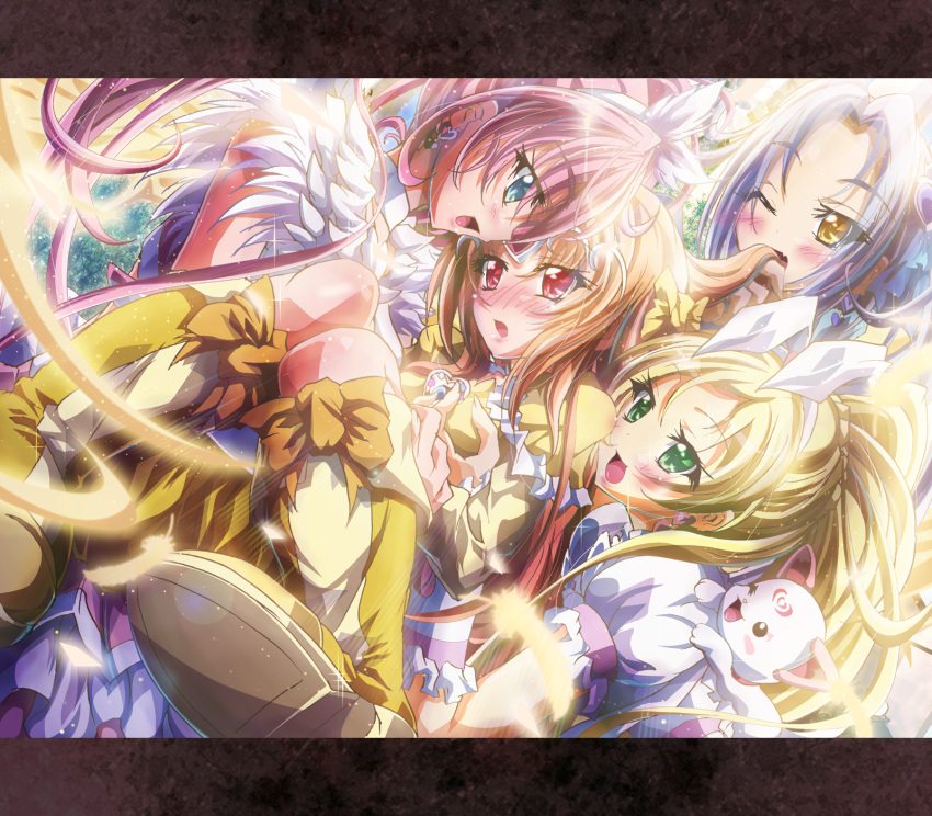 blonde_hair, blush, brown_hair, cure_beat, cure_melody, cure_muse, cure_muse_(yellow), cure_rhythm, highres, houjou_hibiki, hummy_(suite_precure), ikatomo, inoshishi_(ikatomo), kurokawa_ellen, long_hair, magical_girl, minamino_kanade, multiple_girls, mysterious_precure_(suite_precure), no_nose, pink_hair, precure, purple_hair, shirabe_ako, siren_(suite_precure), spoilers, suite_precure, yuri
