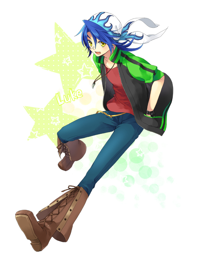 bandaid, bandana, blue_hair, bokujou_monogatari_(series), boots, fang, harvest_moon, harvest_moon_tree_of_tranquility, incomplete_(nm), jewelry, long_hair, luke_(harvest_moon), male, necklace, ponytail, solo, yellow_eyes