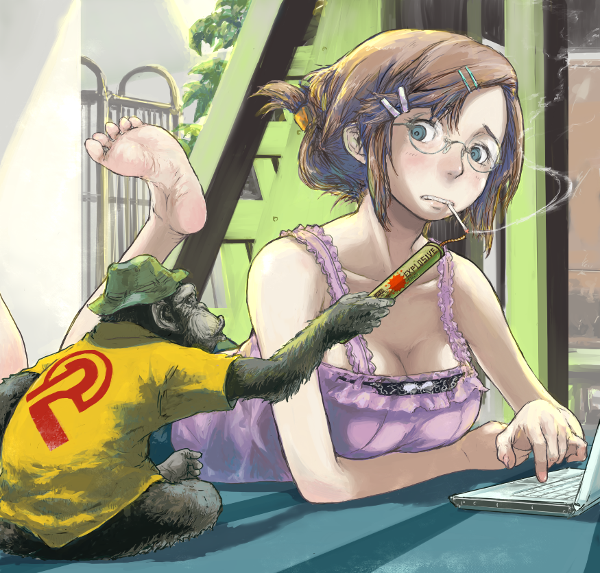 blue_eyes, breasts, brown_hair, cigarette, cleavage, computer, dynamite, face