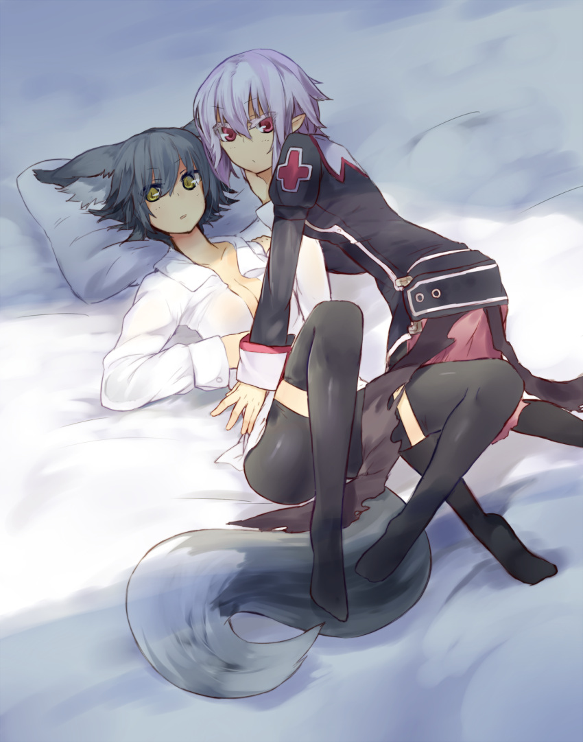 animal_ears, baal_(shiomachi), bike_shorts, black_legwear, colored_eyelashes, highres, lavender_hair, looking_at_viewer