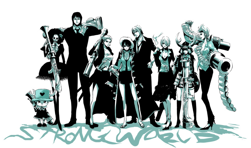 brook, franky, genderswap, highres, mogmahiru, monkey_d_luffy, monochrome, nami