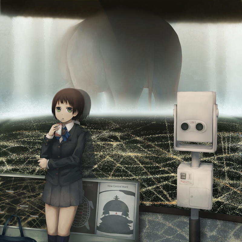 bag, binoculars, brown_hair, city_lights, cityscape, drink, elephant, fantasy, flat_earth, giant_animal, grey_eyes, horizon, mount_meru, observation_deck, original, oversized_animal, reflection, school_uniform, science_fiction, short_hair, solo, straw, turtle, water, waterfall, yajirushi_(chanoma)