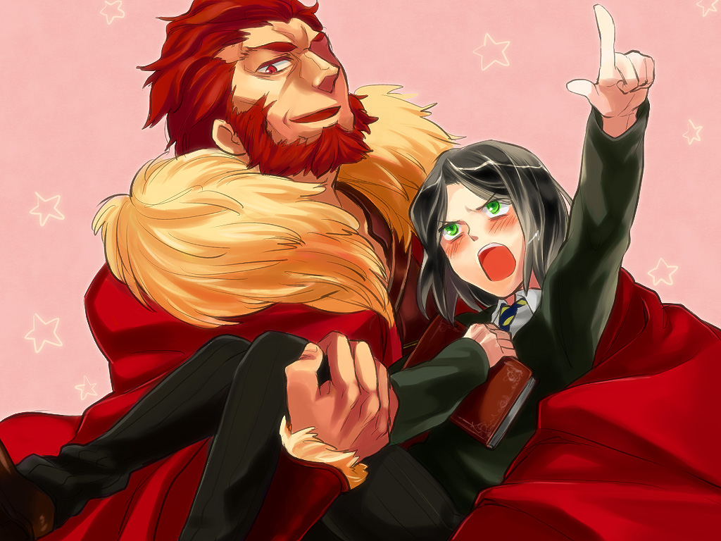 armor, beard, blush, bob_cut, book, cape, carrying, facial_hair