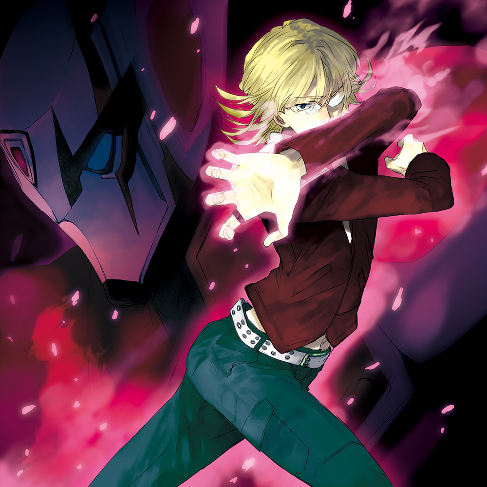 belt, blonde_hair, blue_eyes, dual_persona, glasses, jacket, janus, jewelry, male, necklace, power_armor, power_suit, red_jacket, ring, studded_belt, superhero, tiger_&amp;_bunny