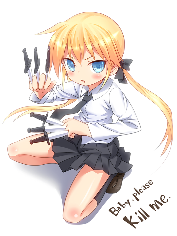 blue_eyes, english, fudama, kill_me_baby, knife, long_hair, school_uniform, shirt, skirt, sonya_(kill_me_baby), twintails, weapon, white_shirt