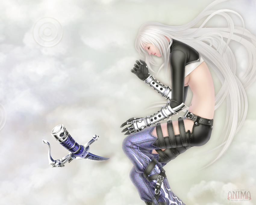 1girl, anima_beyond_fantasy, belt, breasts, celia_(anima), cloud, foreshortening, gauntlets, sexy, sideboob, sleeping, sword, under_boob, underboob, weapon, wen-m, white_hair